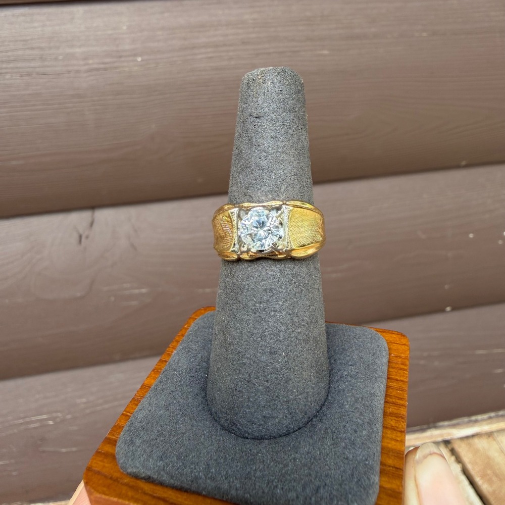 LIND 18K HGE Ring Mens Size 8.5 Gold Two Tone Cubic Zirconia Statement Band